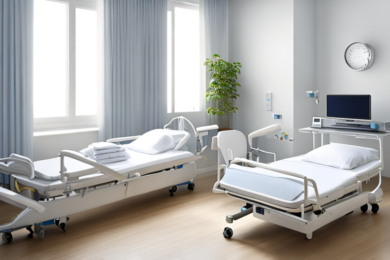 Ruhiges Krankenhauszimmer mit ordentlich gemachtem Bett, sanfter Beleuchtung und medizinischer Ausruestung, symbolisiert Geborgenheit und Sicherheit.