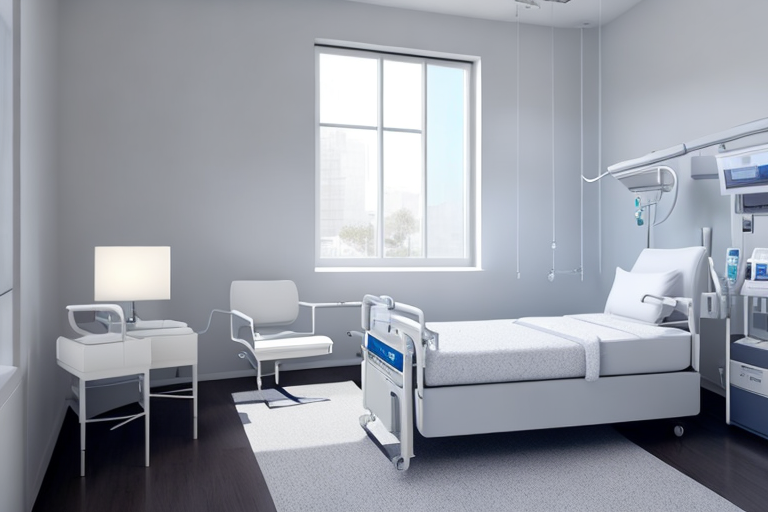 Ruhiges Krankenhauszimmer mit gemachtem Bett, sanfter Beleuchtung und moderner Medizintechnik, bietet beruhigende Heilungsumgebung.