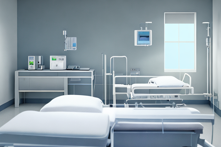 serene krankenhauszimmer mit ordentlich gemachtem bett, ambientebeleuchtung und medizinischer ausruestung, erweckt gefuehl von vorbereitung und sicherheit