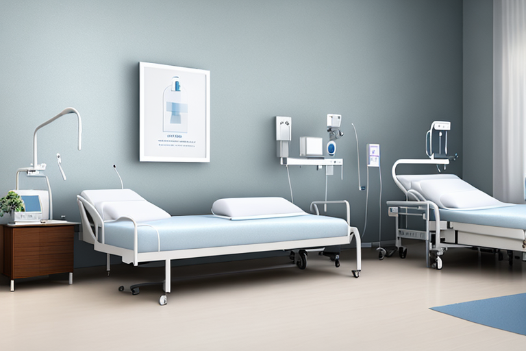 Krankenhauszimmer mit bequemen Bett, sanfter Beleuchtung und medizinischer Ausruestung betont die Bedeutung finanzieller Sicherheit bei Krankenhausaufenthalten.