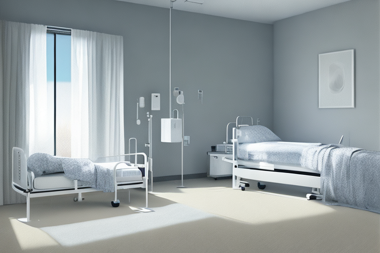 Serene hospital room with neat bed, natural light, minimalist decor, and calm atmosphere.