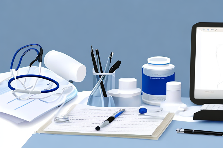 Ordentlich organisiertes Arbeitsumfeld mit Stethoskop, Notizblock und Stift vor unscharfem Krankenhaushintergrund indicating medizinisches Umfeld.