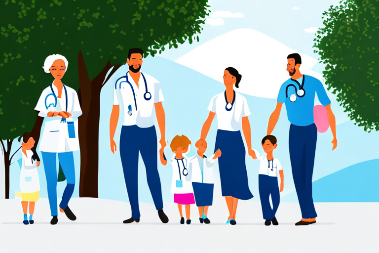 Gesunde Familie im Freien mit Arzt, symbolisiert Wohlbefinden und professionelle Gesundheitsversorgung.