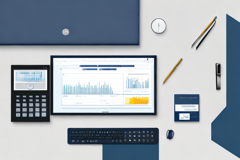 Bueroszene mit Laptop, Finanzdiagrammen, Taschenrechner und Dokumenten, effiziente Finanzplanung.