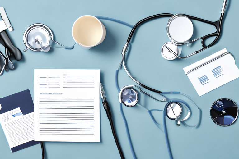 Gut beleuchteter Arbeitsplatz mit Stethoskop, Versicherungsdokumenten und Stift ordentlich auf einem Schreibtisch arrangiert, betont Gesundheit und Organisation.