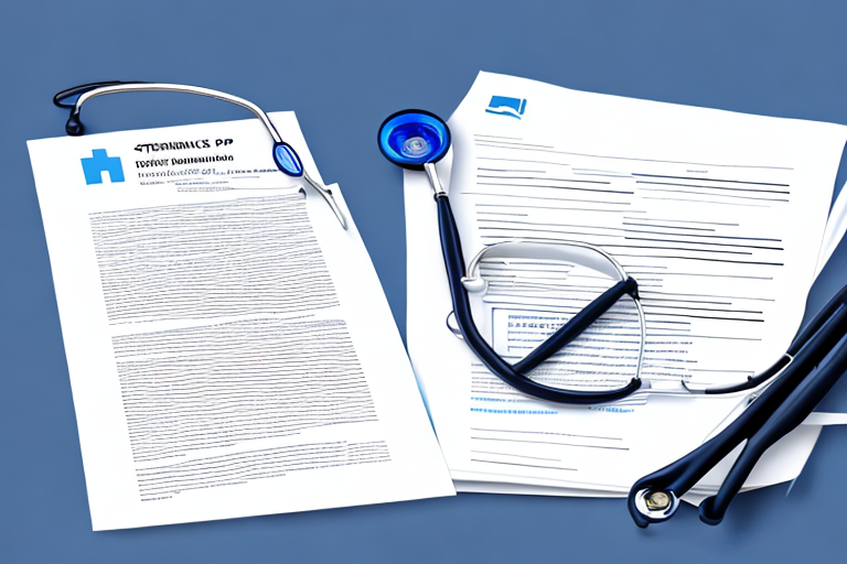 Stethoskop auf Versicherungspapieren, Brille und Stift daneben, zeigt Beziehung zwischen Gesundheitswesen und privater Versicherung.