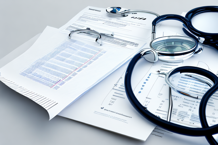 Lupe ueber Gesundheitversicherungsdokumenten, Vergleichstabellen, Stethoskop und Taschenrechner.