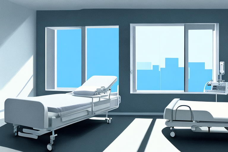 gut beleuchtetes Krankenhauszimmer mit Einzelbett, medizinischem Geraet und Fenster mit Tageslicht, vermittelt Bereitschaft und Sorgfalt
