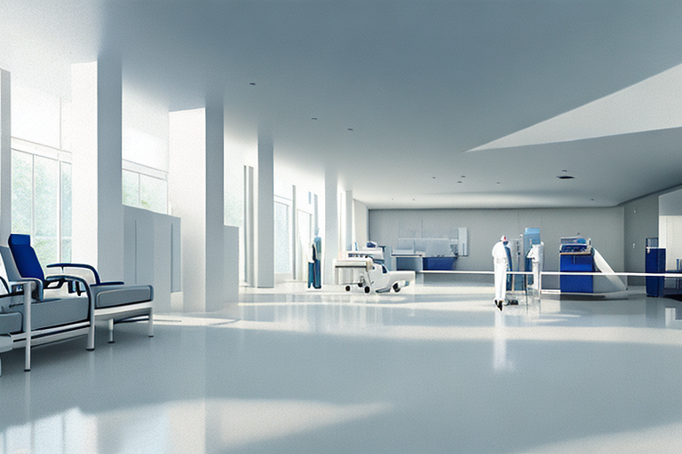 Krankenhaus mit moderner Architektur, neutralen Toenen und medizinischem Personal in professioneller Kleidung bei der Patientenbetreuung.