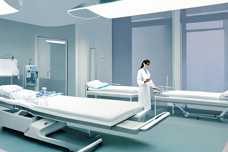 Krankenhaus, Krankenschwester hilft Patient in sauberem, ruhigem Zimmer, betont sorgfältige Planung in Gesundheitsentscheidungen