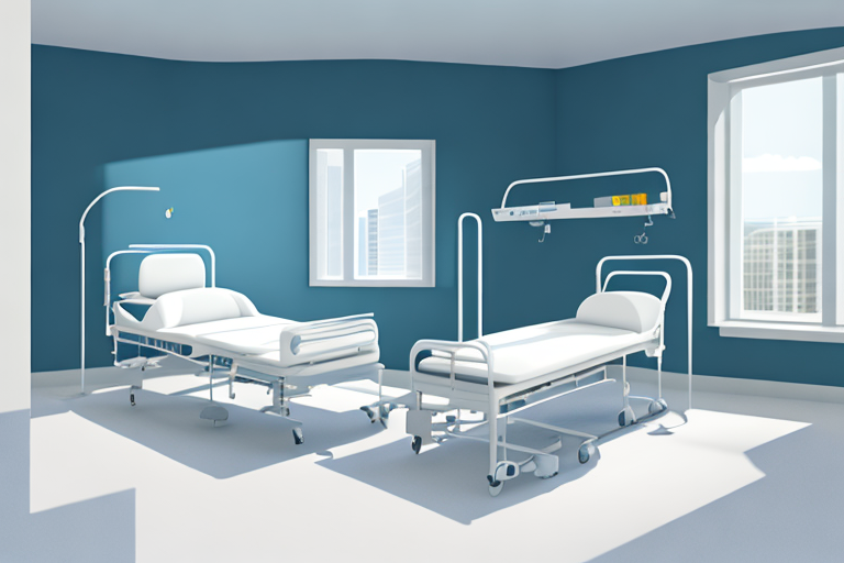 Serenes Krankenhauszimmer mit leerem Bett und medizinischer Ausruestung, Sonnenlicht durch das Fenster, symbolisiert Sicherheit und Bereitschaft.