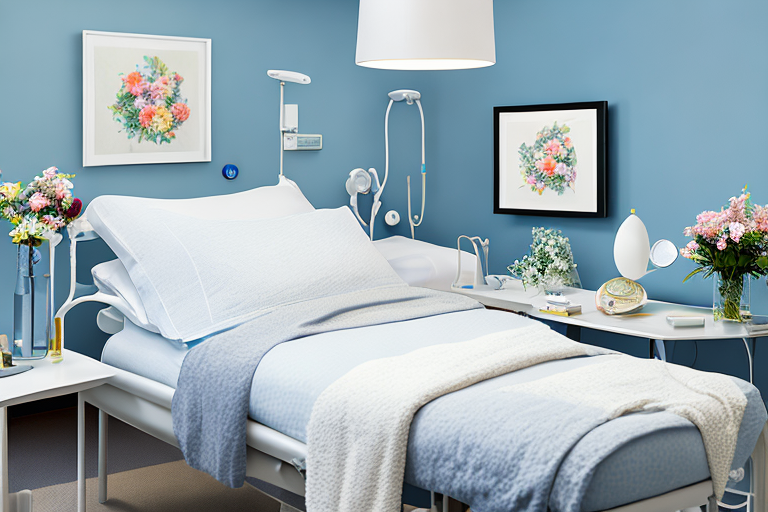 friedlicher krankenhausraum, gemachtes bett, blumen auf tisch, weiche beleuchtung, stethoskop und medizinisches chart betonen medizinische versorgung und aufmerksamkeit