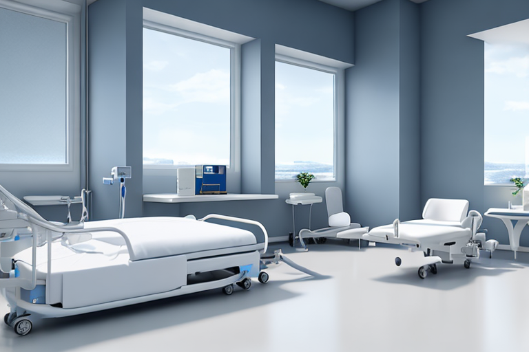 Krankenhauszimmer mit bequemem Bett und medizinischer Ausruestung in sauberer, professioneller Umgebung mit natuerlichem Licht.