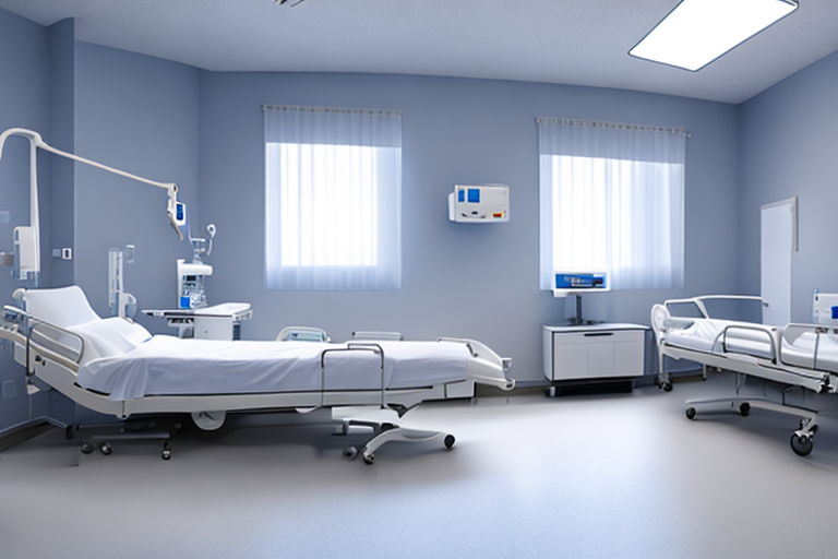 Serene Krankenhauszimmer mit ordentlich gemachtem Bett, sanfter Beleuchtung und medizinischen Geraeten, betont die Wichtigkeit einer unterstuetzenden und komfortablen Gesundheitsumgebung.