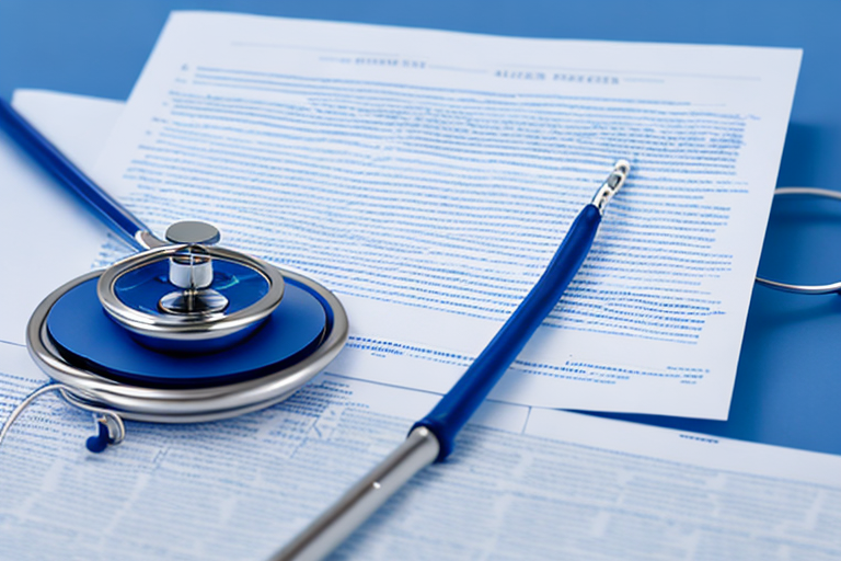 stethoskop auf krankenversicherungsunterlagen symbolisiert sorgfaeltige auswahl privater krankenversicherung vor blauem hintergrund