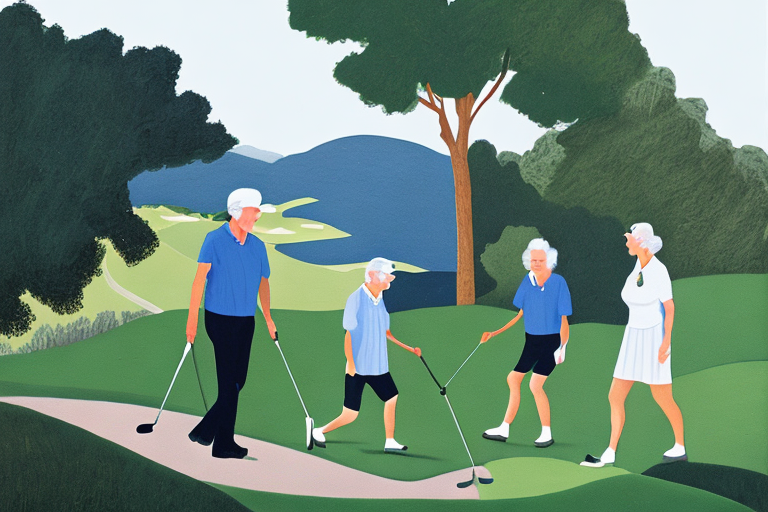 Aeltere Personen geniessen Wandern, Golfspielen und Entspannen mit ihren Lieben, betont Gesundheit und Seelenfrieden.