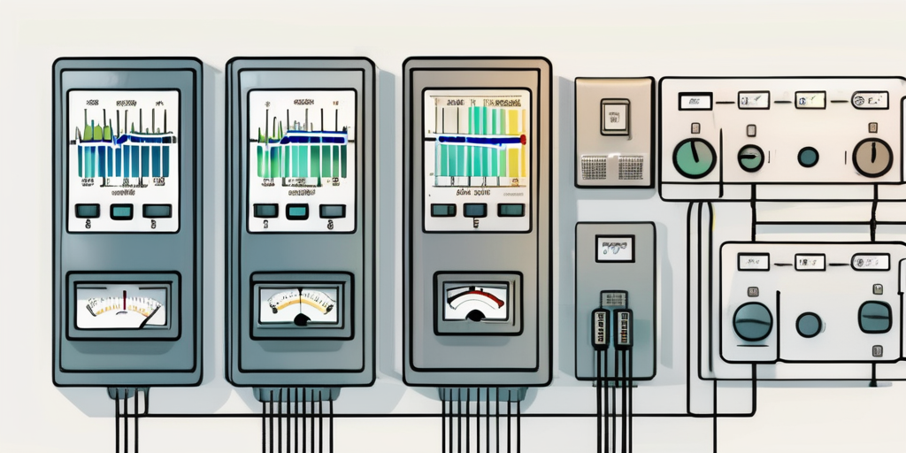 Reihe von Energiemessgeraeten verschiedener Stromversorger an einer Wand, mit Diagrammen zur Effizienz- und Kostenvergleichung.