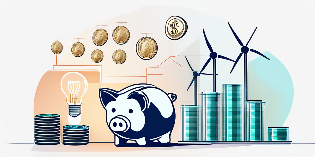 Sammlung energieeffizienter Geraete und LED-Gluehbirnen vor Hintergrund mit Spar- und Nachhaltigkeitsthema, transparentes Sparschwein mit Muenzen zur Betonung der finanziellen Ersparnis durch Energieverbrauch.