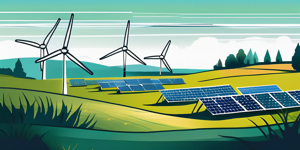 Laendliche Landschaft mit Windraedern und Solarpanelen als Symbole fuer erneuerbare Energiequellen, wichtig fuer die Wahl des besten Stromtarifs.