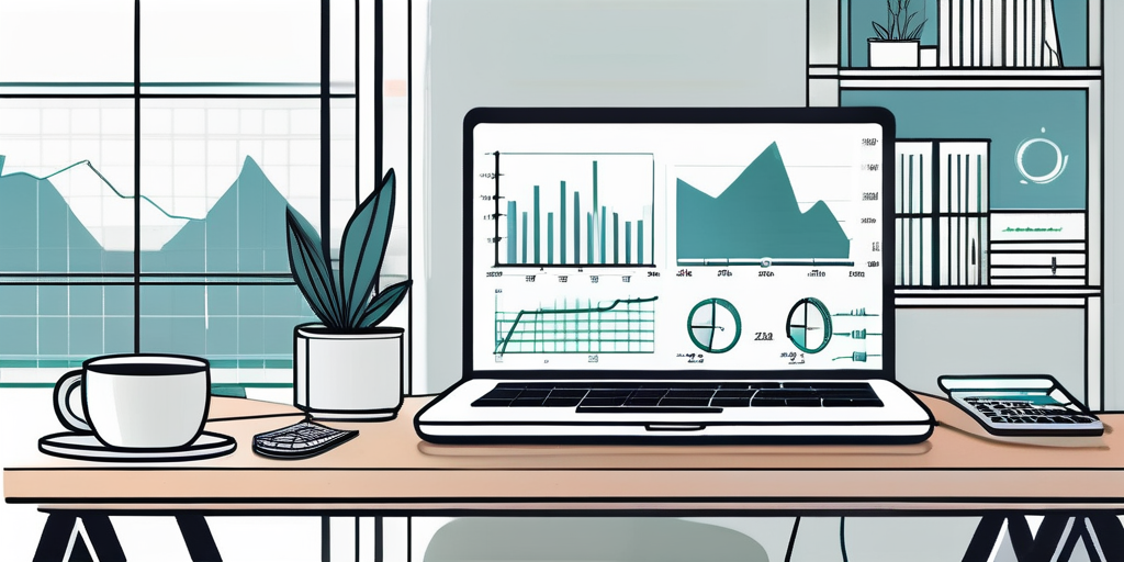 Serener Arbeitsplatz zu Hause mit offenem Laptop, Finanzdiagrammen und einer Kaffeetasse, steht fuer effektives Finanzmanagement.