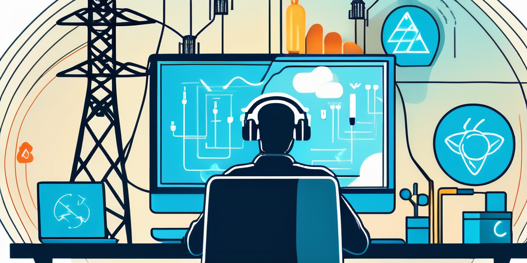 Kundenservice-Mitarbeiter mit Headset vor einem Computer, umgeben von Symbolen wie Gluehbirnen und Stromleitungen, betont die Bedeutung des Kundenservice beim Stromvergleich.