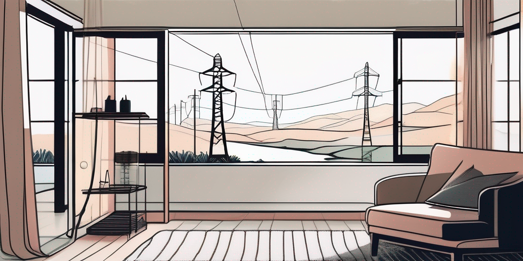 Strommasten in einer friedlichen Landschaft und Blick auf ein leeres, gemuetliches Apartment durch ein Fenster, Symbol fuer Energieentscheidungen und Mieterwohnraum.