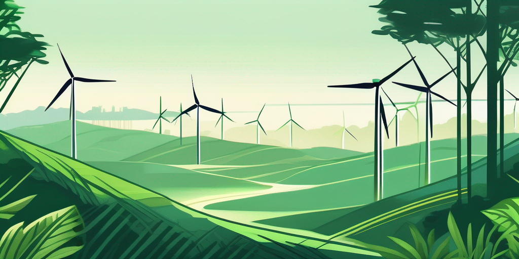 Serene Landschaft mit mehreren Windturbinen inmitten gruener Vegetation, Symbol fuer nachhaltige Energieloesungen zur Reduzierung oekologischer Fussabdruecke.