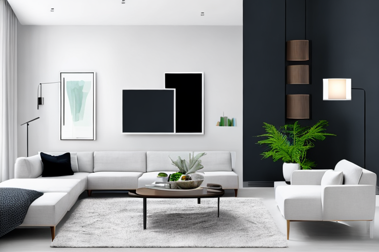 Moderner Wohnbereich mit energieeffizienter LED-Beleuchtung, Smart-Geraeten und umweltfreundlicher Dekoration.