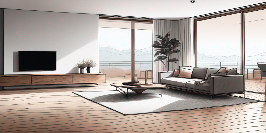 Moderne Wohnzimmer mit offenem Grundriss und integrierter Fussbodenheizung unter eleganter Holzdielung, gemuetliche Atmosphaere durch sanfte Schattierungen.