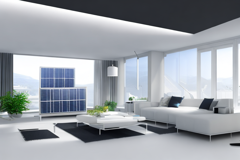 Energieeffiziente Geraete und smarte Heimgeraete in modernem Wohnraum mit nachhaltigen Elementen wie Solarpaneelen und LED-Beleuchtung.
