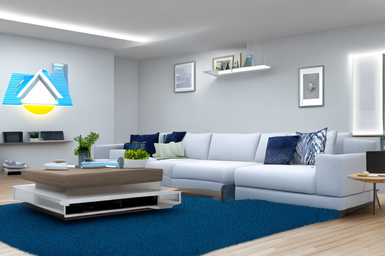 Energieeffizientes Heim mit LED-Lampen, Smart-Home-Geraeten und energiesparenden Geraeten im modernen Wohnzimmer.