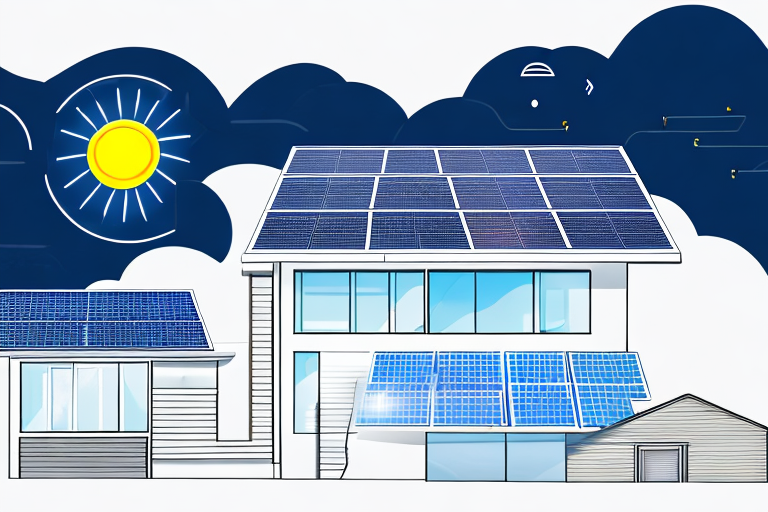 Energiespartechniken: Solarzellen auf Hausdach, energiesparende Gluehbirnen, intelligenter Thermostat zur Senkung des Stromverbrauchs.