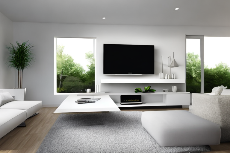 Modernes Wohnzimmer mit Elektronik und energieeffizienter Beleuchtung, symbolisiert Vorteile eines kostenguenstigen und umweltfreundlichen Energieanbieters