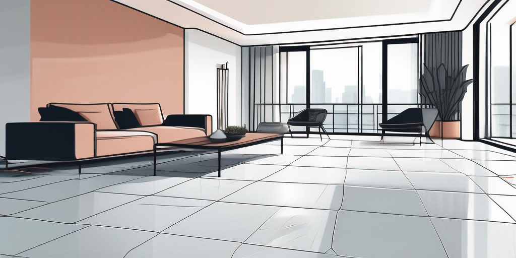 Modernes Wohnzimmer mit Fussbodenheizung und stilvollen Bodenfliesen, die Technologie und Design nahtlos verbinden.