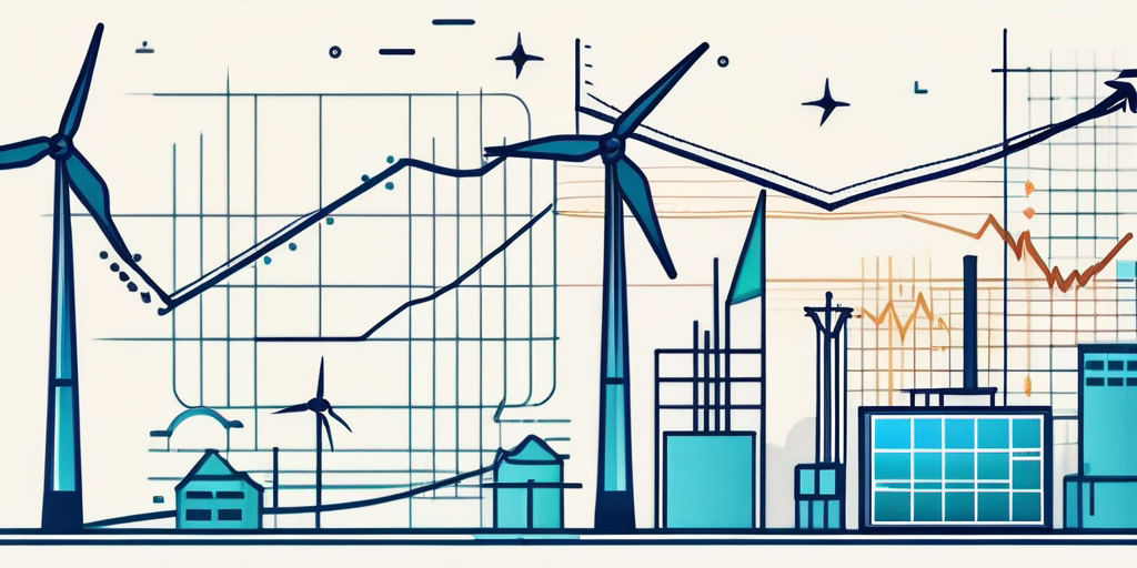 Dynamisches Diagramm zur Darstellung der Strompreisschwankungen ueber mehrere Jahre mit Symbolen fuer Solarenergie, Windkraftanlagen und industriellen Wachstum.
