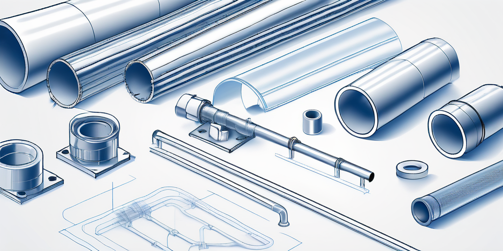 Installationswerkzeuge und Komponenten fuer Fussbodenheizung mit Rohren und Anschlussstuecken auf einer klaren Oberflaeche, inklusive einem Hintergrund-Diagramm.