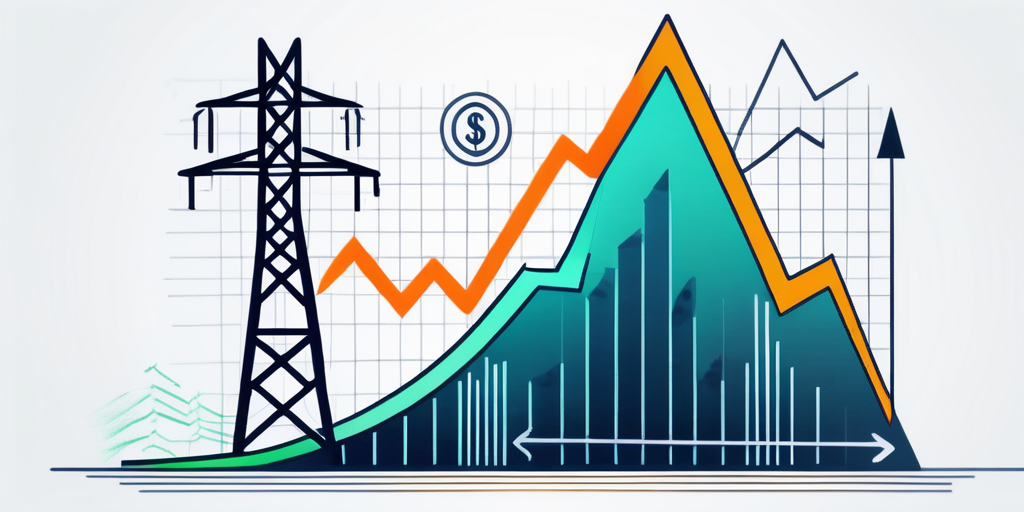 Grafik mit Pfeilen fuer steigende und fallende Strompreise und Symbole fuer Energiespartools zur Darstellung von Kostenkontrollstrategien.