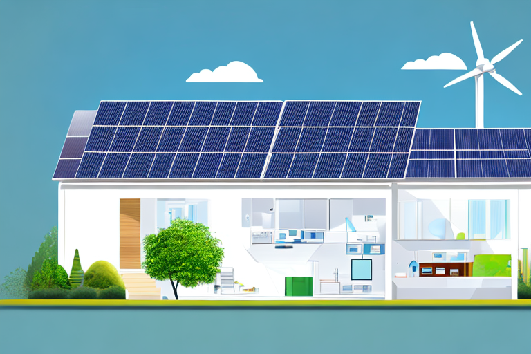 Energieeffiziente Geraete, intelligente Thermostate und Solarpanel in modernem, nachhaltigem Zuhause zur Reduzierung des Stromverbrauchs.