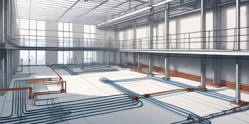 Moderne Baustelle mit klaren Markierungen und verlegten Rohren fuer Fussbodenheizung, zeigt sorgfaeltige Planung und technische Einrichtung in einem Neubau.