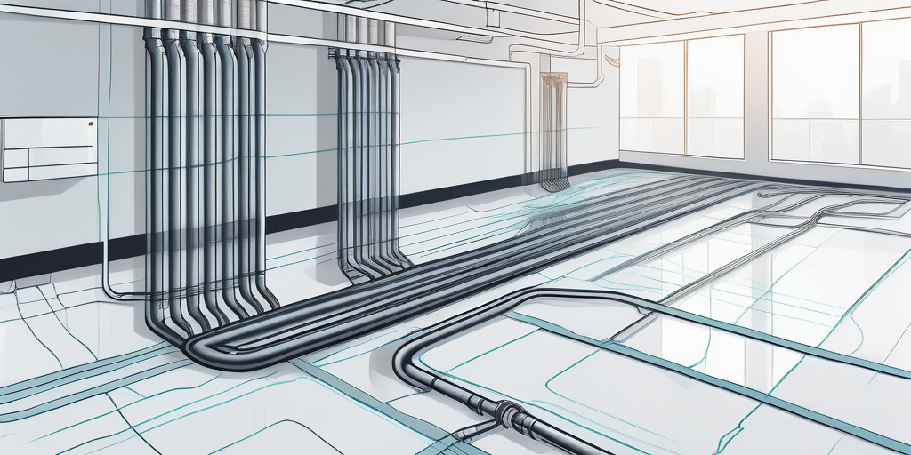 Innovatives Doppel-Funktions-Bodensystem integriert Heizung und Kuehlung mit sichtbaren Unterboden-Rohrnetzen und Einbauverfahren als moderne Ingenieurloesungen.
