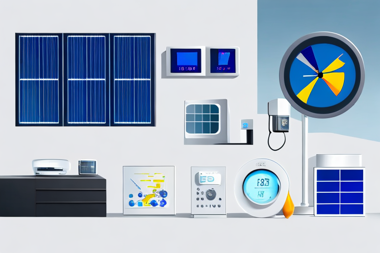 Energieeffiziente Geraete wie LED-Birnen, intelligente Thermostate, Energiezaehler, Solarpaneele und Windkraftanlagen in modernem Zuhause.