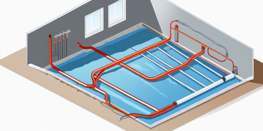 ALT-Tag: Installation eines Fussbodenheizungssystems im Gange, Heizrohre und Schicht Estrich sichtbar, moderne Baustelle, wesentliche Werkzeuge im Vordergrund arrangiert.