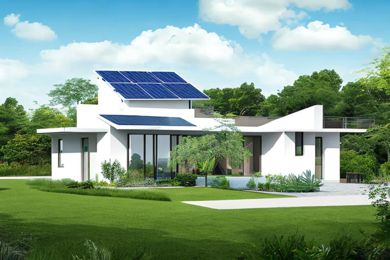 Umweltfreundliches Haus mit Solarenergie, energiesparenden Geraeten und nachhaltiger Beleuchtung umgeben von Pflanzen.