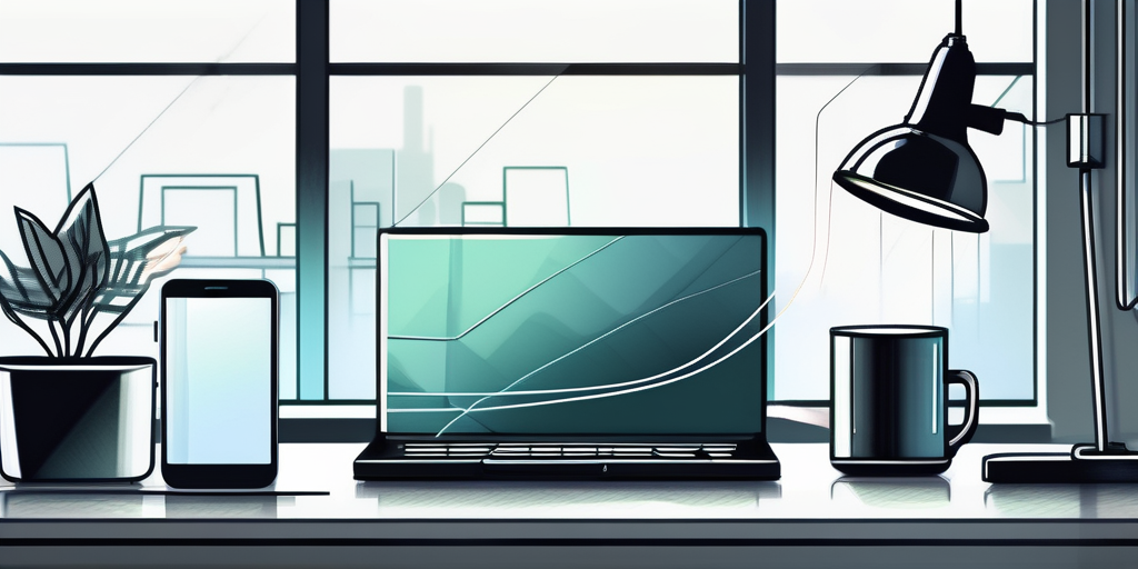 Moderne, effiziente Haushaltsgeraete wie Laptop, Smartphone und Lampe, alle eingesteckt und eingeschaltet, symbolisieren den Stromverbrauch.