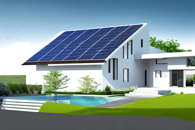 Modernes Haus mit energieeffizienten Geraeten, Solarpanels und LED-Beleuchtung zur Reduzierung des Stromverbrauchs.