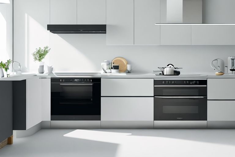Energieeffiziente Geraete in moderner Kueche mit umweltfreundlicher Beleuchtung und smartem Thermostat.