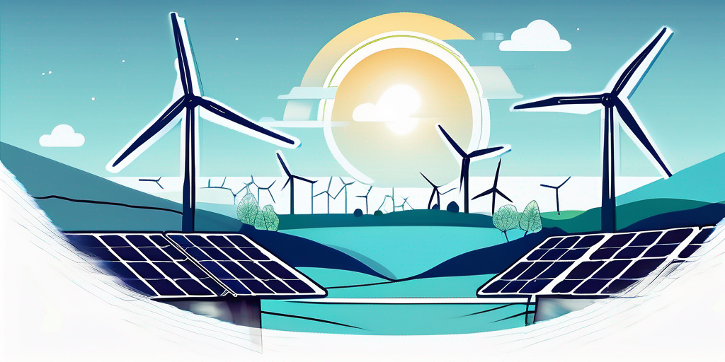 Bild zeigt Energieeffizienz-Konzept mit Landschaft, Windturbinen und Solarmodulen unter klarem blauen Himmel.