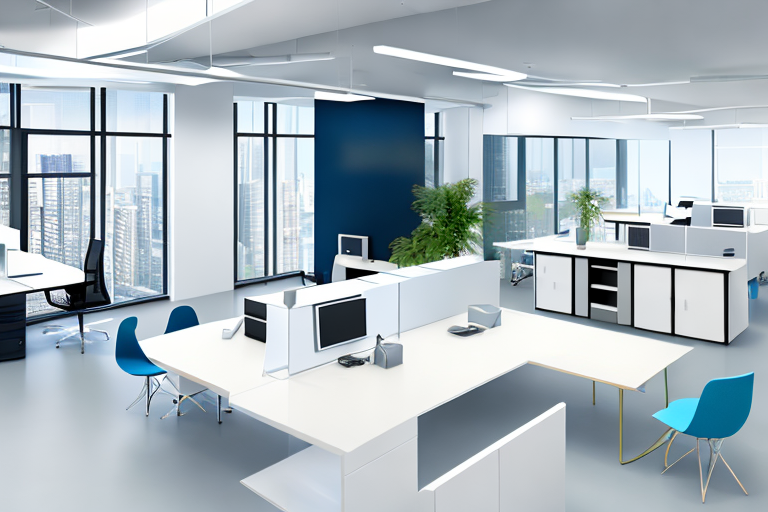 Moderner Buero mit energieeffizienten Geraeten, smarten Thermostaten und LED-Beleuchtung zur Stromueberwachung und Reduktion.