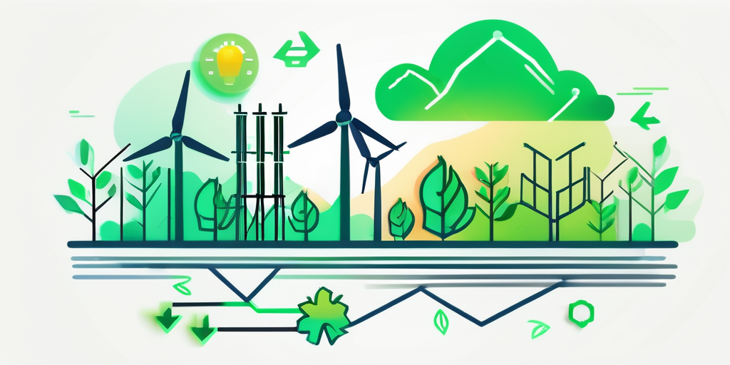 Bunte, grafisch dargestellte Stromrechnungen mit kosteneffizienten, umweltfreundlichen Energieloesungen, gruenen Pfeilen und Oeko-Icons zur Foerderung von Energiekosteneinsparungen.