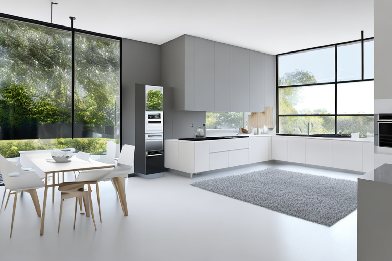 Moderne Kueche mit energieeffizienten Geraeten, LED-Beleuchtung, intelligentem Thermostat und umweltfreundlichen isolierten Fenstern.